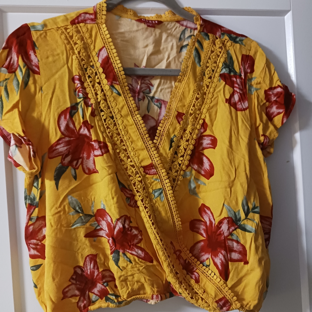 Guess Gold and Red Embellished Wrap Blouse